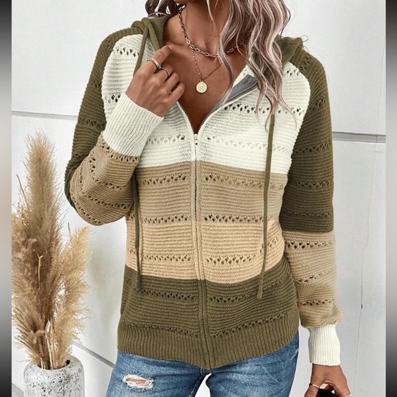 Boho color block zip up drawstring hooded knit sweater - Picture 3 of 5